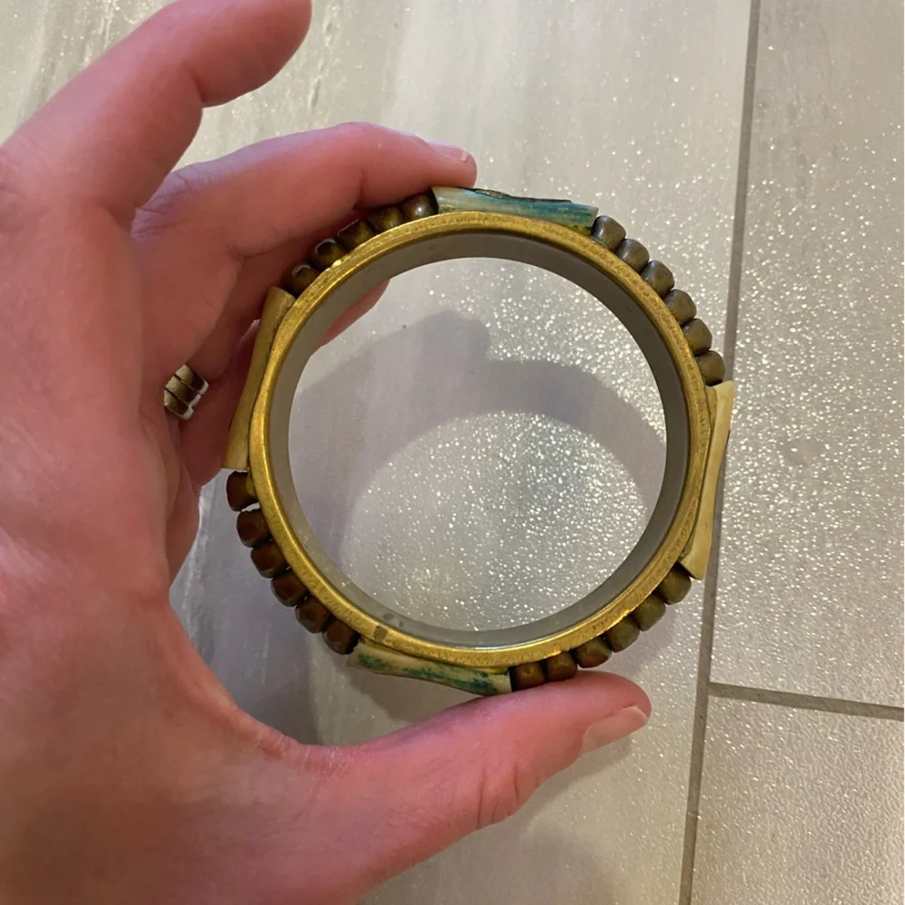 Vintage Brass Bangle Bracelet with Faded Green and Off White Accents